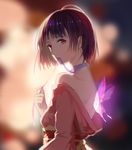  aiko_(kanl) backlighting bad_id bad_pixiv_id bangs bare_shoulders blue_ribbon blurry blurry_background bob_cut bokeh breasts butterfly_wings choker chromatic_aberration depth_of_field eyelashes from_side glowing glowing_wings holding japanese_clothes kimono koutetsujou_no_kabaneri long_sleeves looking_at_viewer looking_to_the_side medium_breasts mouth_hold mumei_(kabaneri) obi off_shoulder purple_hair purple_wings red_eyes ribbon ribbon_choker sash shade short_hair solo transparent_wings untying upper_body wings 