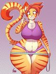  2016 anthro big_breasts breasts clothed clothing feline female green_eyes hair hi_res jaeh loree mammal navel nipple_bulge orange_hair shirt short_hair solo stripes tank_top tape_measure thick_thighs tiger voluptuous wide_hips 