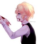  1boy blonde_hair blood blue_eyes child diabolik_lovers fangs formal from_side half-closed_eyes hand hand_holding male_focus manmosu open_mouth petite profile sakamaki_shuu smile solo_focus twitter_username upper_body vampire younger 