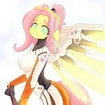  &lt;3 2016 anthro anthrofied big_breasts breasts clothed clothing cosplay crossover equine female fluttershy_(mlp) friendship_is_magic hair hi_res long_hair looking_at_viewer mammal mercy_(overwatch) mesperal my_little_pony overwatch pegasus pink_hair simple_background smile solo video_games white_background wings 