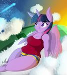  2016 almondhusky anthro anthrofied clothed clothing cloud equine feathered_wings feathers female friendship_is_magic hair hi_res horn mammal multicolored_hair my_little_pony on_cloud outside purple_feathers solo twilight_sparkle_(mlp) winged_unicorn wings 
