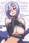  arachne breasts carapace dated detached_sleeves grin huge_breasts insect_girl lavender_hair monster_girl monster_musume_no_iru_nichijou rachnera_arachnera red_eyes shake-o sharp_teeth shiny shiny_skin short_hair silk smile solo spider_girl spider_web teeth translation_request twitter_username underboob upper_body 