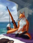  2016 abs anthro athletic balls canine chunie cliffs cloud detailed_background digital_media_(artwork) erection fox fur gun hi_res holding_object holding_weapon humanoid_penis invalid_tag looking_at_viewer male mammal nipples nude orange_fur outside pecs penis plantigrade ranged_weapon red_fox rifle sea sitting sky smile solo water weapon white_fur 