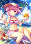  ;q bangle beach beach_chair bikini blush bowl bracelet braid breasts capura_lin cherry collarbone drink drinking_straw flower food fruit glass hat highres holding holding_spoon ice_cream jewelry looking_at_viewer navel one_eye_closed original outdoors palm_tree pink_bikini pink_eyes pink_hair silhouette sitting small_breasts solo sparkle spoon sun_hat swimsuit tongue tongue_out tree tropical_drink water wind 
