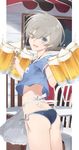  alcohol alternate_costume apron ass beer beer_mug blue_eyes commentary_request cup eyebrows eyebrows_visible_through_hair hayashi_kewi highres holding holding_cup kantai_collection looking_at_viewer looking_back md5_mismatch one_eye_closed open_mouth short_hair silver_hair solo z1_leberecht_maass_(kantai_collection) 