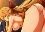  all_fours bangs belt blonde_hair blurry bottomless bow breasts ceiling depth_of_field dress_pull eyelashes from_behind granblue_fantasy hair_bow hands_on_ass large_breasts long_hair looking_at_viewer md5_mismatch no_bra out-of-frame_censoring parted_lips ponytail red_bow red_eyes shade sidelocks solo sonri very_long_hair vira_lilie 
