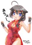  absurdres ahoge alternate_costume black_hair blue_eyes braid breasts china_dress chinese_clothes cleavage commentary_request dress fingerless_gloves gloves hair_flaps hair_ornament highres kantai_collection long_hair mayuki_(nami1120) remodel_(kantai_collection) shigure_(kantai_collection) simple_background single_braid solo twitter_username white_background 