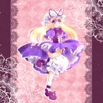  blonde_hair bloomers bloomers_pull corset dress dress_lift frills hair_ribbon hat leg_lift long_hair mob_cap petticoat purple_dress purple_eyes ribbon senbonmatsu skirt_hold solo touhou underwear yakumo_yukari 