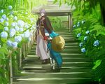  blue_hair flower hydrangea japanese_clothes kasen_kanesada leaf male_focus multiple_boys ponytail purple_hair sayo_samonji smile stairs touken_ranbu walking yamazaki_mitsuko 