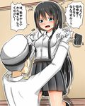  1girl admiral_(kantai_collection) asashio_(kantai_collection) baretto_(karasi07) black_gloves black_hair black_skirt blue_eyes blush breasts commentary_request elbow_gloves eyebrows eyebrows_visible_through_hair gloves hat highres kantai_collection lifting_person long_hair military military_hat military_uniform open_mouth pleated_skirt school_uniform skirt small_breasts suspender_skirt suspenders sweatdrop translated uniform 