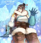  beads belt belt_pouch black-framed_eyewear blue_gloves blush boots brown_eyes brown_hair coat colk copyright_name fur-trimmed_boots fur-trimmed_jacket fur_boots fur_coat fur_trim glasses gloves hair_bun hair_ornament hair_stick hand_up highres iceberg jacket lips looking_at_viewer mei_(overwatch) overwatch parka parted_lips pouch short_hair sitting smile snowflake_hair_ornament snowflakes solo utility_belt waving winter_clothes winter_coat 
