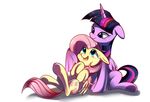  2016 blush cute cutie_mark duo equine feathered_wings feathers female feral fluttershy_(mlp) friendship_is_magic hair horn mammal my_little_pony open_mouth pegasus pink_hair purple_eyes simple_background sion-ara smile twilight_sparkle_(mlp) white_background wing_hug winged_unicorn wings 