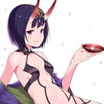  alcohol blush breasts cup deca_purio fate/grand_order fate_(series) horns japanese_clothes navel oni oni_horns purple_eyes purple_hair sakazuki sake short_hair shuten_douji_(fate/grand_order) small_breasts smile solo 
