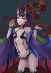  :d absurdres alcohol bikini black_bikini black_eyes black_hair cherry cup fate/grand_order fate_(series) food fruit fuuko_chan hair_ornament highres holding horns looking_at_viewer navel oni oni_horns open_mouth parted_lips sakazuki sake shuten_douji_(fate/grand_order) smile solo swimsuit 