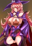  1girl arc_system_works artist_request bare_shoulders black_panties black_sclera blazblue blazblue:_central_fiction breasts cape cleavage detached_sleeves dress frown gloves hair_over_one_eye huge_breasts konoe_a_mercury long_hair orange_eyes phantom_(blazblue) pink_hair shiny shiny_clothes shiny_hair shiny_skin short_dress solo thighhighs witch_hat 