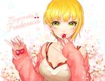  blonde_hair blush breasts character_name cherry food fruit green_eyes idolmaster idolmaster_cinderella_girls large_breasts looking_at_viewer miyamoto_frederica riri_(artist) short_hair smile solo 