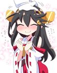  black_hair blush closed_eyes detached_sleeves flying_sweatdrops hairband hand_on_another's_head haruna_(kantai_collection) japanese_clothes kantai_collection long_hair nontraditional_miko out_of_frame petting solo_focus tsukko_(3ki2ne10) twitter_username wavy_mouth wide_sleeves 