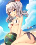  amatsukaze_(kantai_collection) ball beach beachball beret bikini blonde_hair blue_eyes breasts hat highres jiiwara kantai_collection kashima_(kantai_collection) lifebuoy long_hair medium_breasts multiple_girls open_mouth shimakaze_(kantai_collection) silver_hair smile swimsuit twintails watermelon_beachball wavy_hair 