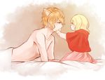  1boy 1girl age_difference arm_support bed big_bad_wolf_(cosplay) blonde_hair blue_eyes blush cape child closed_mouth collarbone cosplay diabolik_lovers dress from_side full_body hands_on_another&#039;s_face hood komori_yui little_red_riding_hood little_red_riding_hood_(cosplay) looking_at_another lying manmosu petite profile red_eyes sakamaki_shuu sheets shirtless simple_background sitting size_difference upper_body wolf_ears younger 