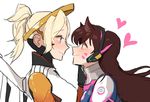  black_gloves blonde_hair blue_eyes bodysuit brown_eyes brown_hair d.va_(overwatch) facepaint facial_mark giji-p gloves hand_on_another's_cheek hand_on_another's_face headgear headphones heart high_collar holding long_hair looking_at_another mechanical_halo mercy_(overwatch) multiple_girls overwatch pilot_suit short_hair simple_background sketch smile spoken_heart turtleneck whisker_markings white_background yuri 