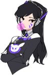  alternate_color alternate_eye_color alternate_hair_color animal_print bangs black_eyes black_hair bodysuit bubble_blowing bunny bunny_print chewing_gum colorized cropped_torso crossed_arms d.va_(overwatch) facepaint facial_mark gloves headphones high_collar long_sleeves looking_at_viewer mwo_imma_hwag overwatch pilot_suit simple_background solo turtleneck whisker_markings white_background white_gloves 