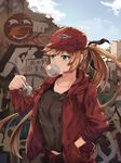  aqua_eyes bangs baseball_cap belt_buckle black_shirt blue_sky broken_wall brown_hair bubble_blowing buckle building chewing_gum clarisse_(granblue_fantasy) clothes_writing cloud contemporary day drawstring graffiti granblue_fantasy hair_ribbon hand_in_pocket hat heart highres holding hood hood_down hooded_jacket jacket long_hair mouth_hold note paper pocket ponytail reading red_hat red_jacket ribbon shirt sky solo swept_bangs t-shirt upper_body very_long_hair wall white_crow 