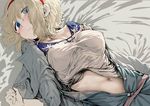 alice_margatroid bed_sheet blonde_hair blue_eyes blue_jacket breasts collarbone from_above frown geppewi hairband head_tilt jacket long_sleeves looking_at_viewer looking_up lying medium_breasts navel on_back shirt short_hair solo stomach touhou unbuttoned upper_body wavy_mouth white_shirt 