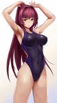 adjusting_hair alternate_costume armpits arms_up bangs black_swimsuit blue_swimsuit breasts breasts_apart bunching_hair clenched_teeth competition_swimsuit covered_navel cowboy_shot fate/grand_order fate_(series) gradient gradient_background hair_intakes hair_tie highres hips impossible_clothes impossible_swimsuit jirusu large_breasts legs_apart long_hair looking_at_viewer mouth_hold one-piece_swimsuit parted_lips purple_hair red_eyes scathach_(fate)_(all) scathach_(fate/grand_order) shiny shiny_clothes shiny_hair skin_tight solo standing swimsuit teeth thighs tying_hair very_long_hair wet wet_clothes wet_swimsuit 