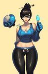  alternate_eye_color bangs bare_shoulders beads black-framed_eyewear black_pants blue_gloves breasts brown_hair character_name cleavage collarbone cowboy_shot crop_top drone floating food glasses gloves hair_bun hair_ornament hair_stick holding large_breasts looking_at_viewer mei_(overwatch) midriff navel overwatch pants popsicle robot shane_park short_hair sidelocks simple_background snowball_(overwatch) solo swept_bangs tank_top yellow_background 