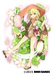  2015 bare_legs blonde_hair clover clover_hair_ornament cotton_candy dreamlight2000 flower_knight_girl food food_in_mouth full_body gloves green_eyes hair_ornament highres katabami_(flower_knight_girl) lantern mouth_hold object_namesake official_art sandals scarf short_hair shorts smile solo standing star white_gloves 