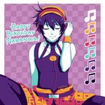  absurdres artist_name beamed_eighth_notes checkered checkered_background choker closed_eyes hairband happy_birthday headphones highres jojo_no_kimyou_na_bouken lolitaii male_focus musical_note narancia_ghirga purple_hair signature smile solo 