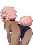  1boy ass blush bulge bunny_tail dark_skin from_behind goggles goggles_on_head highres inazuma_eleven inazuma_eleven_(series) long_hair looking_at_viewer looking_back male_focus pink_hair shiroabe smile tail tsunami_jousuke 