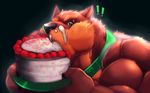  ! anthro biceps big_biceps birthday black_nose brown_fur cake canine claws clothed clothing collar cursedmarked dog eating food front_view fur getfur getfur_(artist) green_eyes hi_res holding_object male mammal manly mature_male muscular muscular_male paws pose simple_background solo sparkle standing sweat topless 