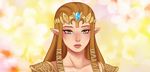  armor artist_name blue_eyes brown_hair circlet collarbone eunnieboo floral_background lips long_hair makeup mascara pointy_ears portrait princess_zelda shoulder_armor sidelocks signature solo the_legend_of_zelda the_legend_of_zelda:_twilight_princess 