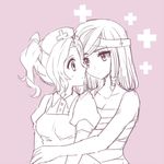  atobesakunolove bare_shoulders breasts collarbone eye_of_horus facial_tattoo hat hug hug_from_behind medium_breasts mercy_(overwatch) monochrome multiple_girls nurse nurse_cap open_mouth overwatch pharah_(overwatch) pink_background ponytail puffy_short_sleeves puffy_sleeves sarashi shirt short_hair short_sleeves side_braids simple_background small_breasts tattoo traditional_media upper_body wings yuri 