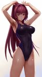  adjusting_hair alternate_costume armpits arms_up bangs black_swimsuit blue_swimsuit breasts breasts_apart bunching_hair clenched_teeth competition_swimsuit covered_navel cowboy_shot fate/grand_order fate_(series) gradient gradient_background hair_intakes hair_tie highres hips impossible_clothes impossible_swimsuit jirusu large_breasts legs_apart long_hair looking_at_viewer mouth_hold one-piece_swimsuit parted_lips purple_hair red_eyes scathach_(fate)_(all) scathach_(fate/grand_order) shade shiny shiny_clothes shiny_hair skin_tight solo standing swimsuit teeth thighs tying_hair very_long_hair wet wet_clothes wet_swimsuit 