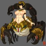  1girl areolae armlet armor bangle bangs black_hair blunt_bangs bob_cut breasts egyptian eyepatch gauntlets grey_background headpiece jewelry large_breasts looking_at_viewer monster monster_girl nipples original pincers purple_eyes pussy ring scorpion scorpion_girl scorpion_tail short_hair simple_background single_glove solo tail 