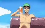  arm_up beer_mug black_hair blue_sky cloud couch cup day foam glasses holding holding_cup horizon male_focus ocean sinzan sitting sky smile solo touhou upper_body zun 