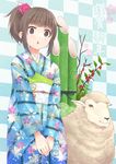  2015 animal bamboo brown_eyes brown_hair checkered checkered_background chestnut_mouth chinese_zodiac floral_print flower hair_flower hair_ornament highres japanese_clothes kadomatsu kimono new_year obi okiru original own_hands_together ponytail sash sheep standing v_arms year_of_the_goat 
