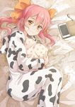  animal_hood animal_print blush bow cellphone closed_mouth cow_hood cow_print earbuds earphones earphones_removed from_side hair_bow hood hood_down koroneko_p0w0q long_hair looking_at_viewer lying on_side orange_bow orange_eyes original pajamas phone pillow pink_hair polka_dot_pillow print_pajamas smartphone smartphone_case smile solo twintails 