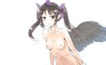  areolae bangs black_wings blush breasts brown_hair collarbone embarrassed hair_ribbon hat himekaidou_hatate looking_at_viewer nipples pointy_ears ribbon ribs simple_background sinzan skinny small_breasts solo sweatdrop tokin_hat touhou twintails upper_body white_background wings 
