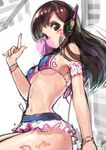  bare_shoulders bikini brown_eyes brown_hair bubble_blowing chewing_gum d.va_(overwatch) facial_mark headphones kamome_yuu navel overwatch skirt solo swimsuit whisker_markings 