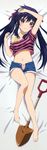  absurdres barefoot bed_sheet blue_shorts collarbone dakimakura ebisuzawa_kurumi from_above full_body gakkou_gurashi! groin hair_ribbon hand_on_forehead highres huge_filesize long_hair looking_at_viewer lying navel on_back open_clothes open_shorts panties purple_eyes purple_hair purple_ribbon ribbon scan short_shorts shorts smile solo striped striped_panties twintails underwear 