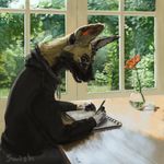  african_wild_dog canine clothed clothing eyewear flower foliage fully_clothed glasses male mammal notebook pen plant refraction swish vase writing 