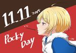  2015 bad_id bad_pixiv_id blonde_hair chocolate close-up dated earrings eating eyelashes food food_in_mouth fur_trim idolmaster idolmaster_side-m jewelry lips male_focus mouth_hold niki_(nikism1987) pierre_(idolmaster) pocky pocky_day profile purple_eyes solo two-tone_background 