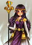  absurdres armor armored_dress bangs dress elbow_gloves forehead_jewel gloves highres lemolunes lipstick long_dress long_hair makeup parted_bangs pauldrons pointy_ears princess_hilda purple_hair purple_lipstick red_eyes solo staff the_legend_of_zelda the_legend_of_zelda:_a_link_between_worlds tiara triforce wavy_hair white_gloves 