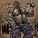  animal_genitalia anthro belly belt biceps big_biceps big_penis black_nose body_hair brown_eyes canine chest_hair cigar claws clothed clothing cum cum_on_penis detailed_background dog dramamine erection facial_hair front_view fur grey_fur grey_hair hair hand_on_thigh happy_trail hi_res huge_penis invalid_tag looking_at_viewer male mammal manly mature_male muscular muscular_male nipples nude open_mouth pants paper partially_retracted_foreskin paws pecs penis pose poster precum smile solo standing sweat teeth thick_penis thumbs_up tongue tongue_out topless uncut unzip vein veiny_penis wolf 