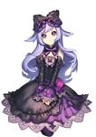  1girl black_dress bow detached_collar detached_sleeves dress flat_chest gothic_lolita hair_bow hair_ribbon kkuem lavender_hair lolita_fashion long_hair looking_at_viewer purple_eyes purple_hair ribbon simple_background solo star v_arms white_background 