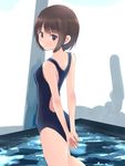  arms_behind_back blue_eyes breasts brown_hair closed_mouth competition_swimsuit expressionless from_side medium_breasts okiru one-piece_swimsuit original own_hands_together short_hair solo standing swimsuit water 