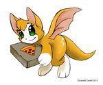  2013 3_toes cute dust:_an_elysian_tail elizabeth_dodrill female fidget food fur green_eyes looking_at_viewer looking_away mammal membranous_wings nimbat orange_fur perked_ears pizza pizza_box simple_background smile solo toes video_games white_background wings 